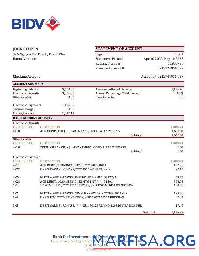 Printable Vietnam BIDV bank statement excel template